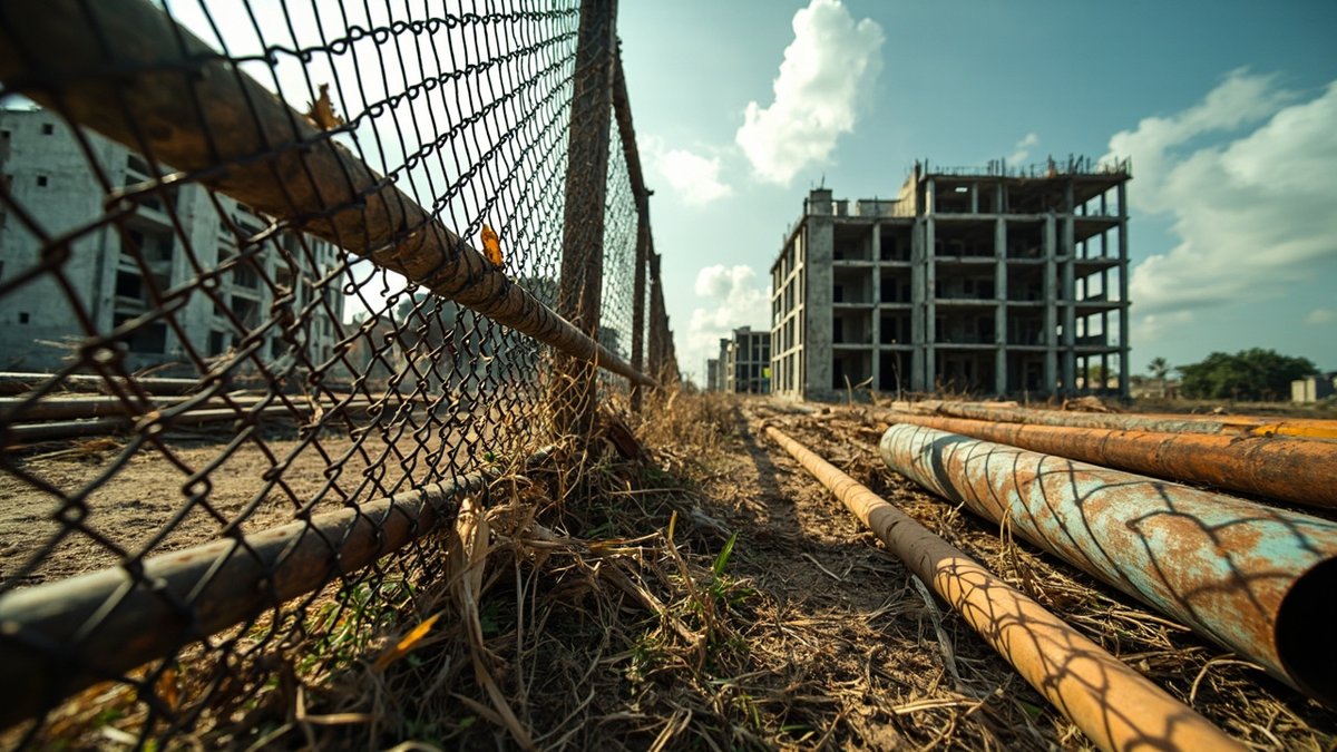 Rusted pipes and weeds behind a sagging fence at a stalled, abandoned housing project site