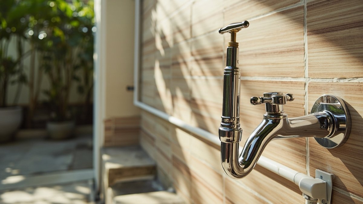 New wall tap on a tiled yard wall with a surface-mounted pipe and a floor trap below