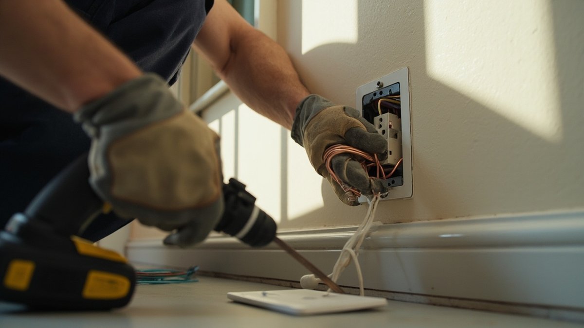 Electrician installing a new 13-amp wall power socket in a Malaysian home