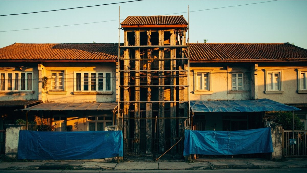 Rumah teres setingkat dengan bumbung dibuka dan rangka konkrit tingkat atas baharu sedang dibina