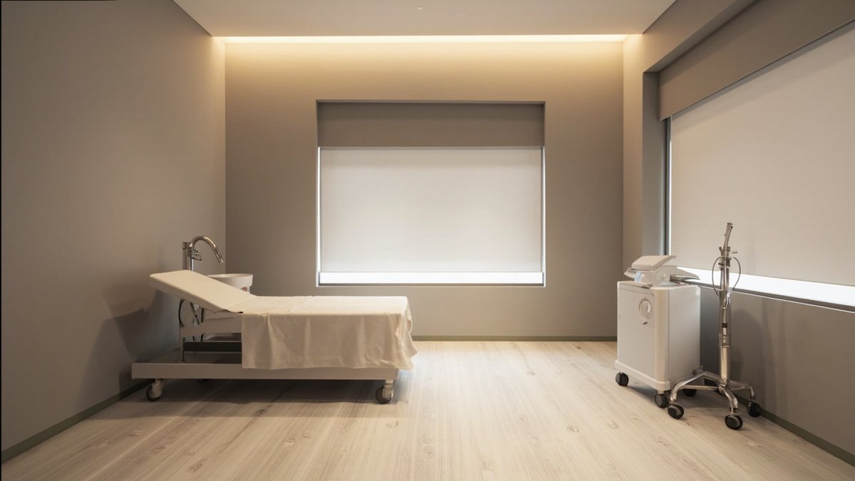 Bilik rawatan klinik estetik dengan katil rawatan, lantai vinyl tanpa sambungan, singki dan mesin laser