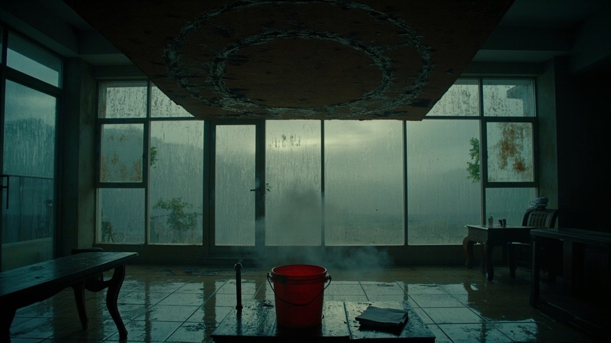 Water-stained sagging ceiling with a bucket catching drips in a living room after a storm