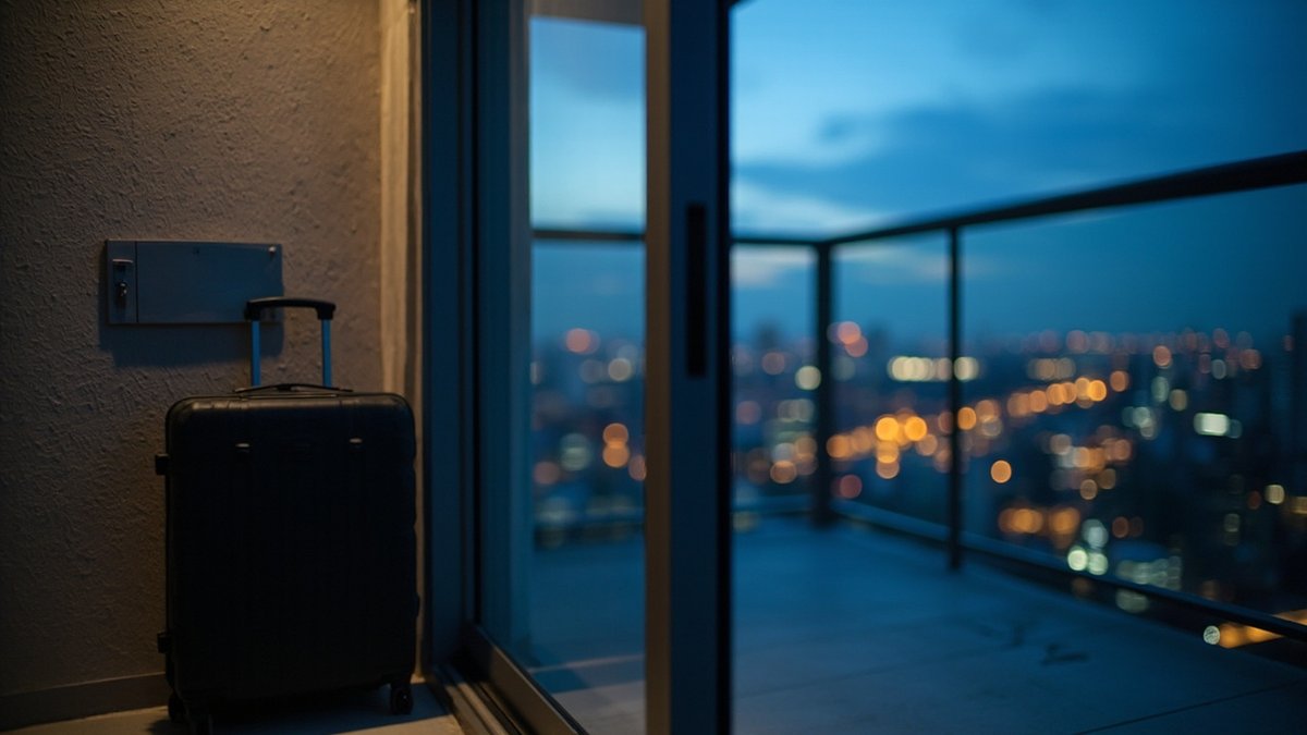 Rolling suitcase and wall mounted key lockbox on a condo balcony at dusk