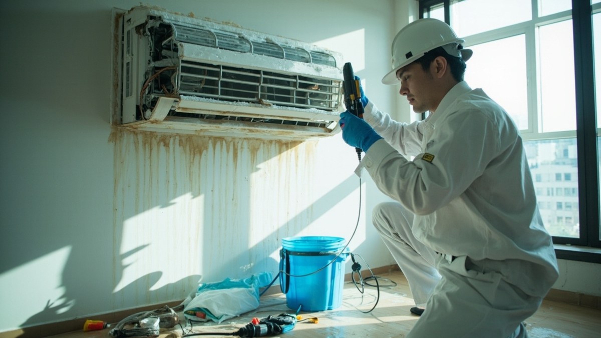 Technician performing an aircon chemical wash in a Malaysian home