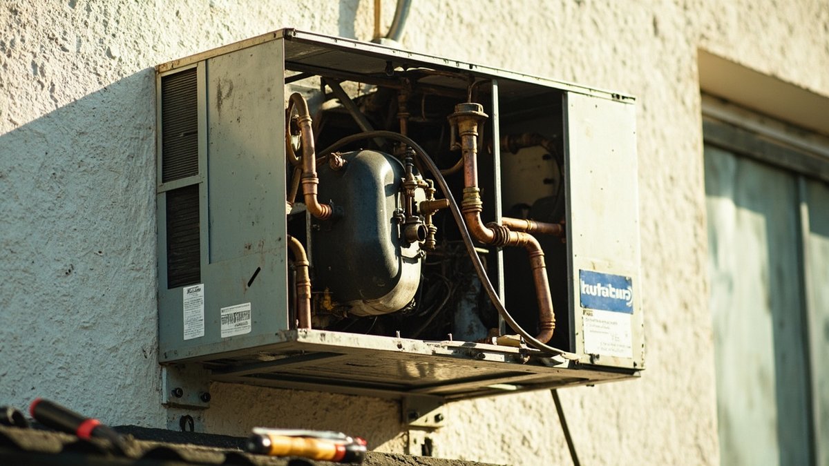 Outdoor air conditioner condenser compressor unit being serviced