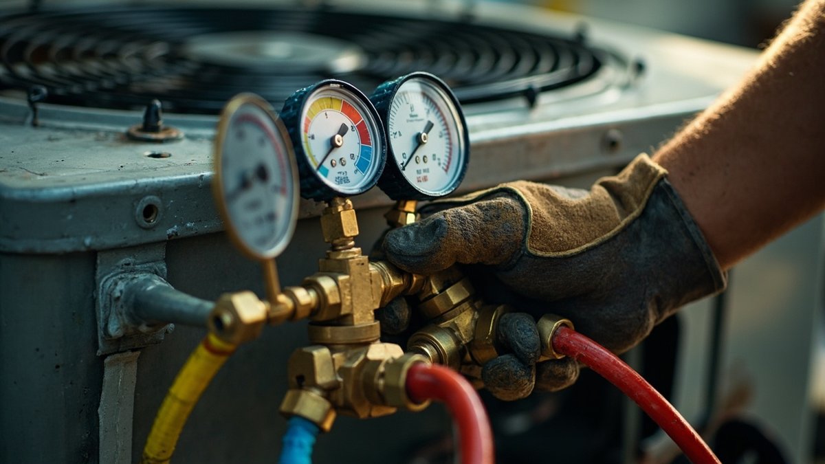Refrigerant manifold gauges connected to an outdoor air conditioner unit