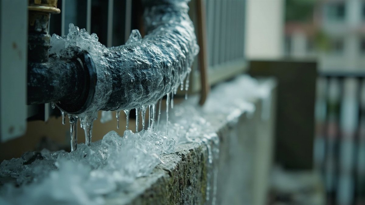 Frost forming on the copper pipes at an aircon outdoor unit on a condo ledge