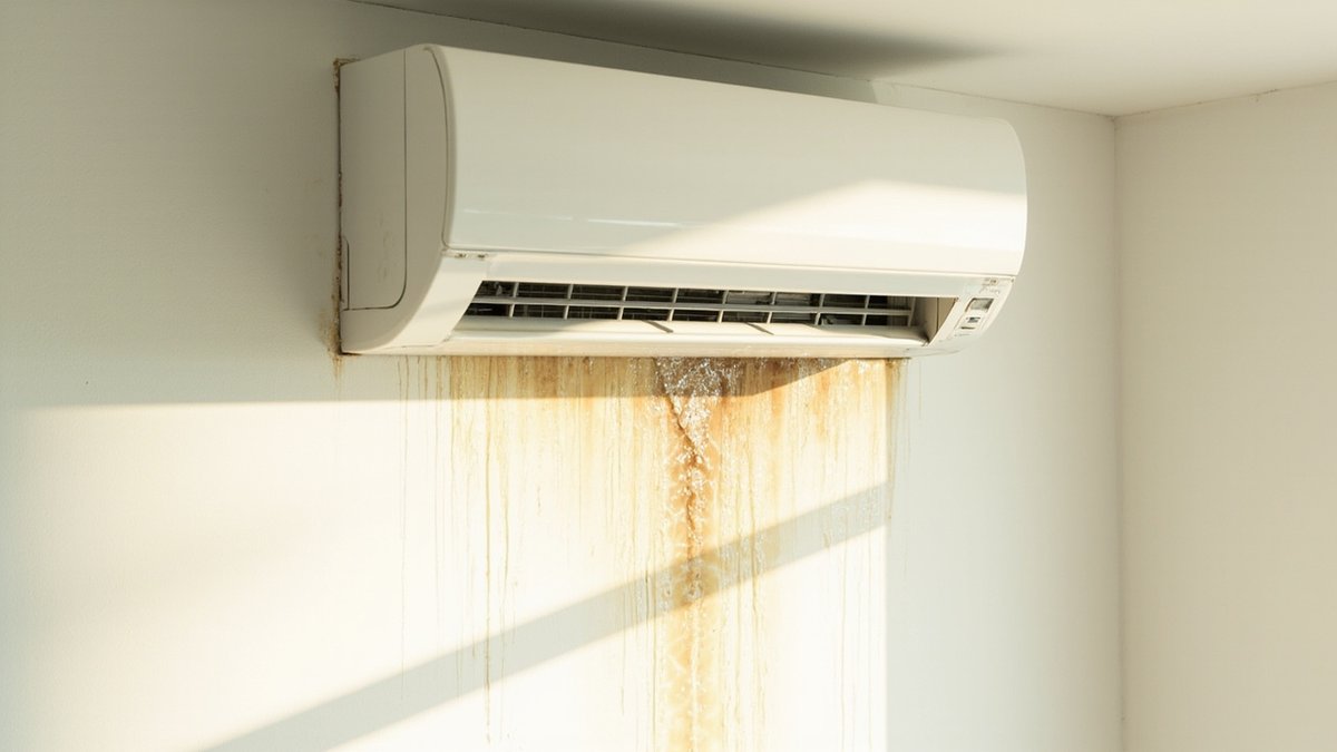 Wall aircon with water drip line and stained ceiling in a Malaysian condo