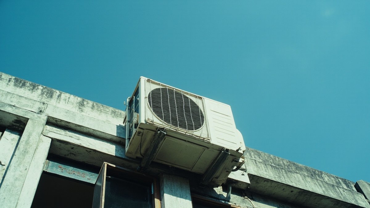装在公寓卧室窗外混凝土冷气架上的冷气室外机