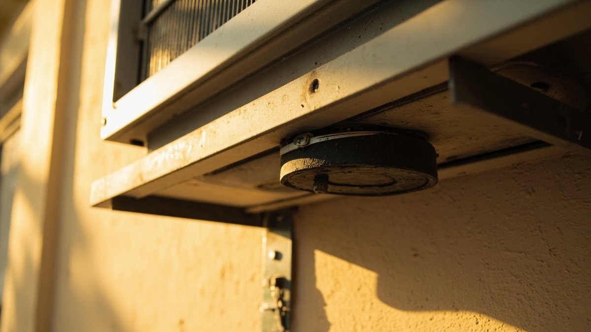 Outdoor aircon unit on a wall bracket with worn rubber feet and a loose bolt on a terrace wall