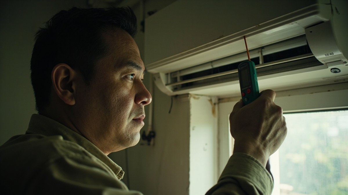 Technician checking why a split-unit air conditioner is not cooling