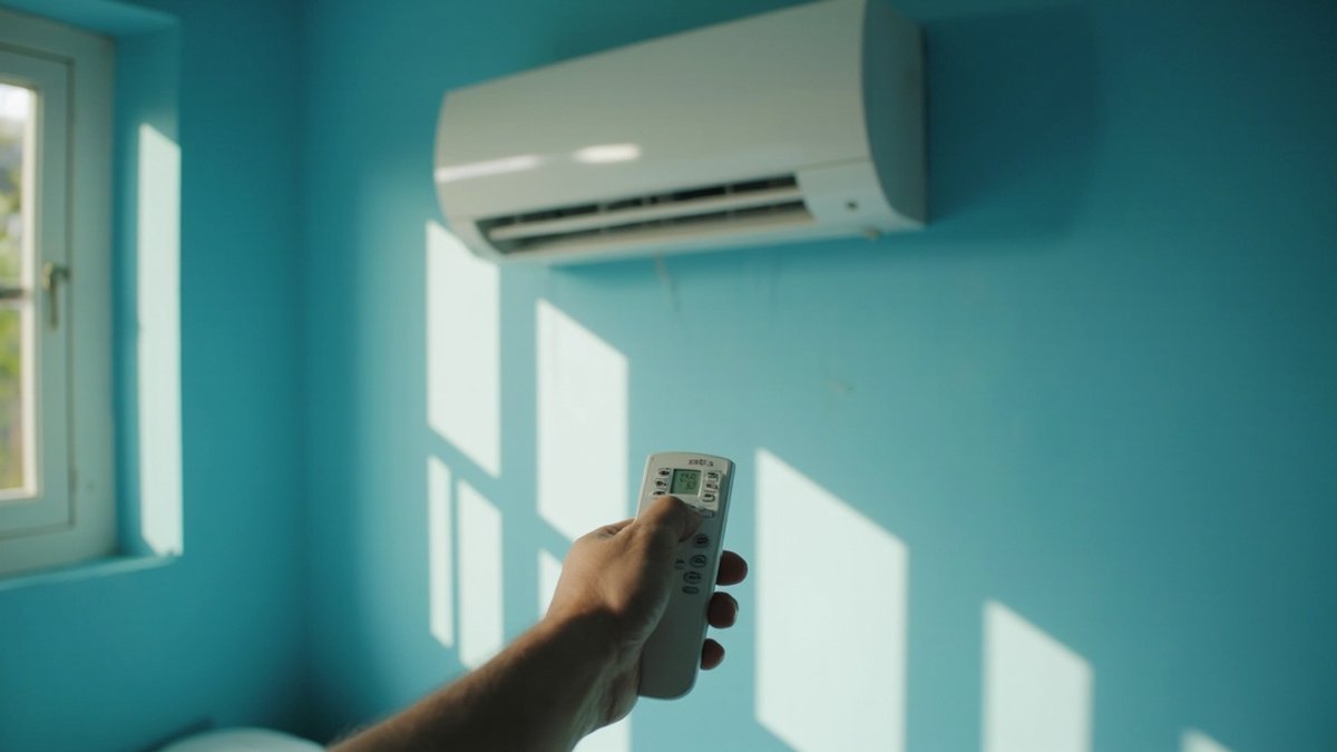 Hand pressing an aircon remote at a split unit with a blinking red indicator light