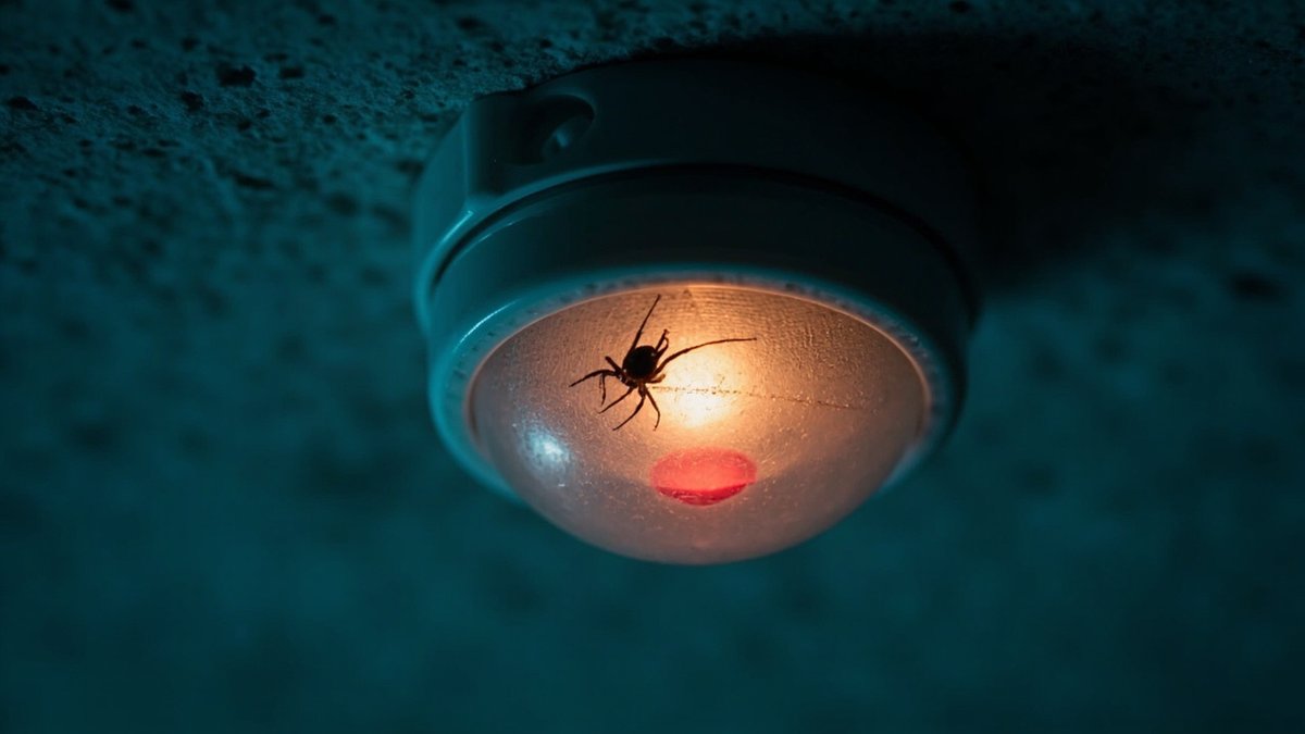 Macro view of a motion sensor lens with a small spider and web across it