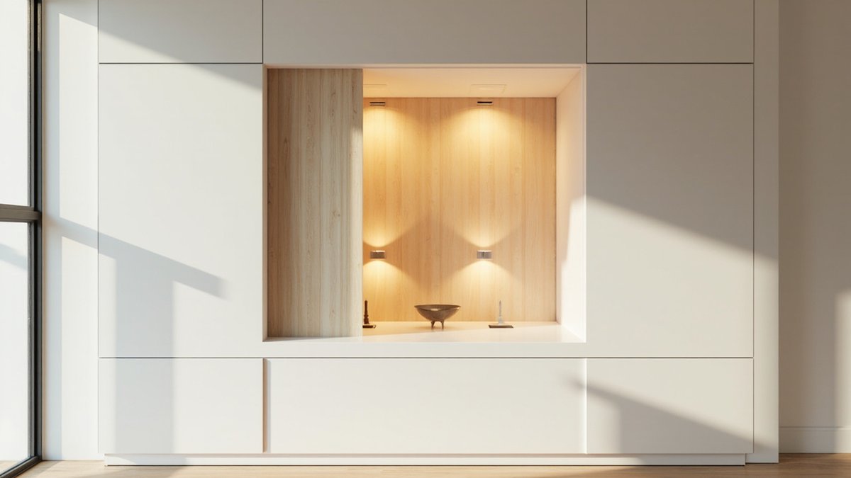 Ilustrasi konsep reka bentuk: dinding kabinet laker putih dengan relung altar berlapik oak separuh ditutup panel gelangsar oak