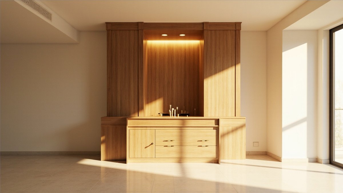 Illustrative concept design: full-height light oak altar cabinet with a warm-lit recessed niche, drawers and a door below in a terrace living hall