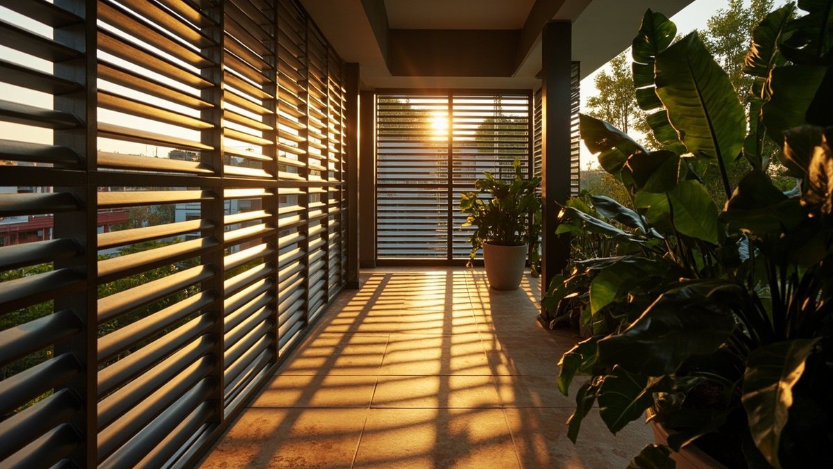 Charcoal aluminium louvre panels screening one side of a terrace house balcony