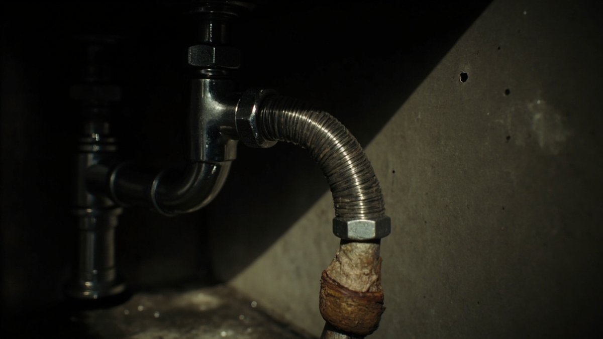 Chrome angle valve and a braided flexible hose with a rusty bulge under a kitchen sink