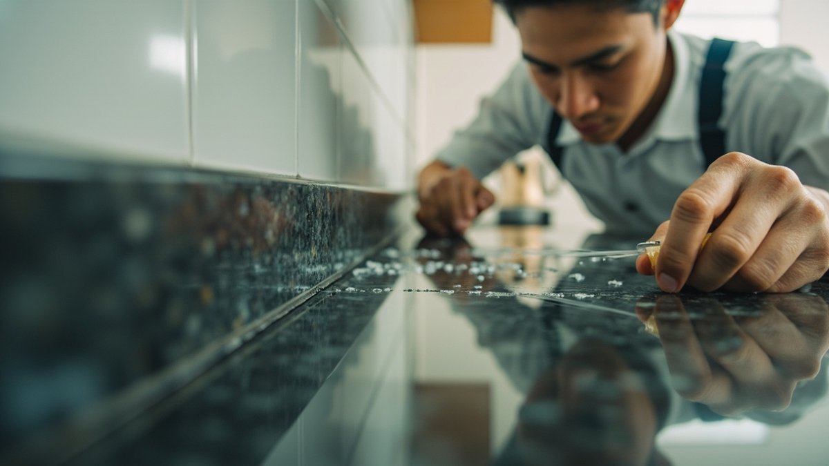 Pest technician applying ant gel bait along a kitchen countertop edge
