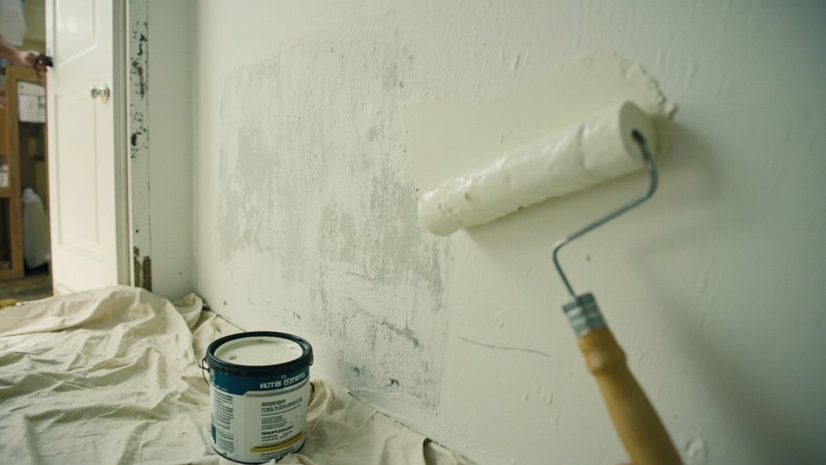 Roller applying anti-mould paint to a cleaned, previously mouldy wall corner