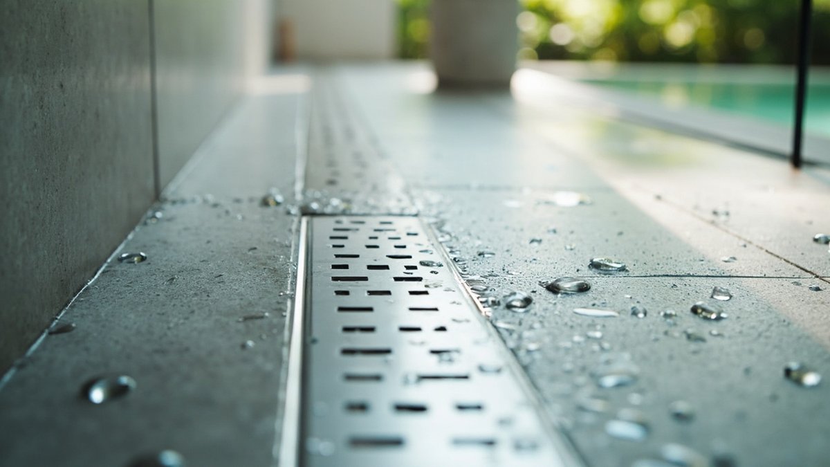 Jubin porselin anti-slip matt bertekstur di lantai mandi yang basah dengan longkang linear