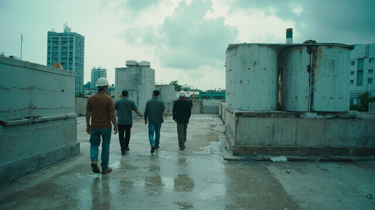 Contractors inspecting a condominium rooftop with the building manager before a strata tender