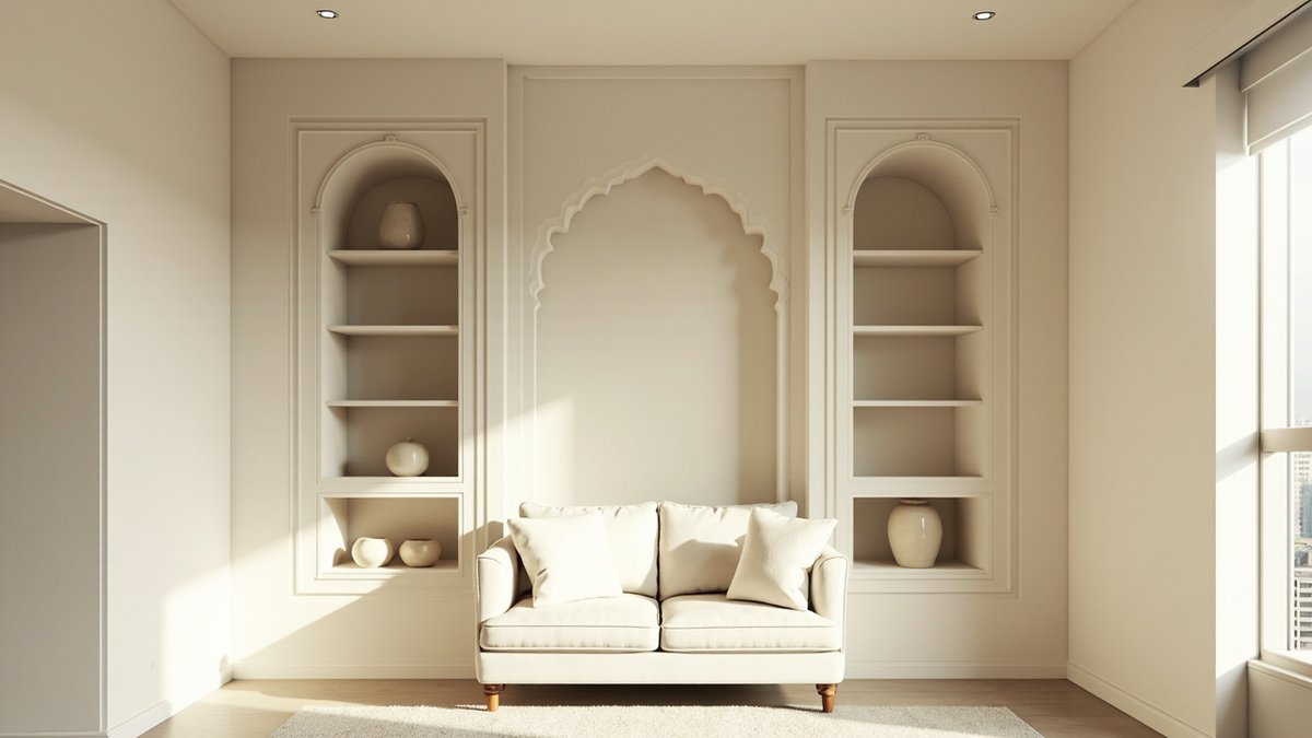 Illustrative concept design: two tall arched shelf niches either side of a scalloped arch panel behind a cream loveseat