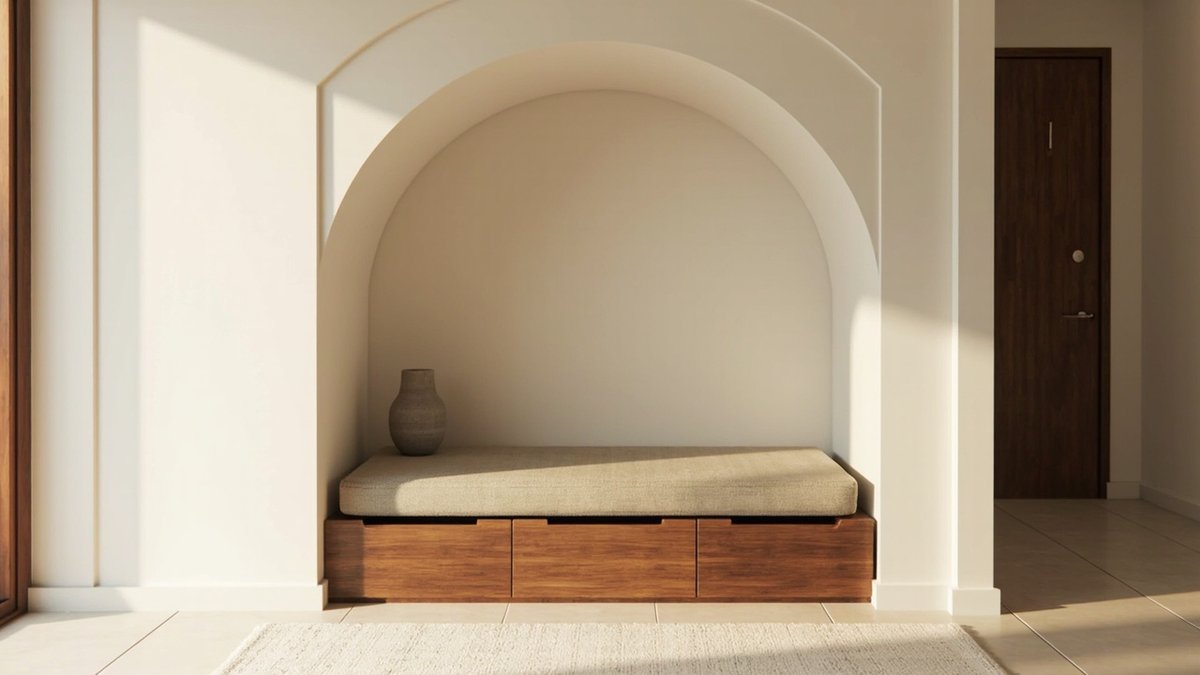 Illustrative concept design: deep arched alcove in a cream foyer wall with a built-in walnut bench and linen cushion