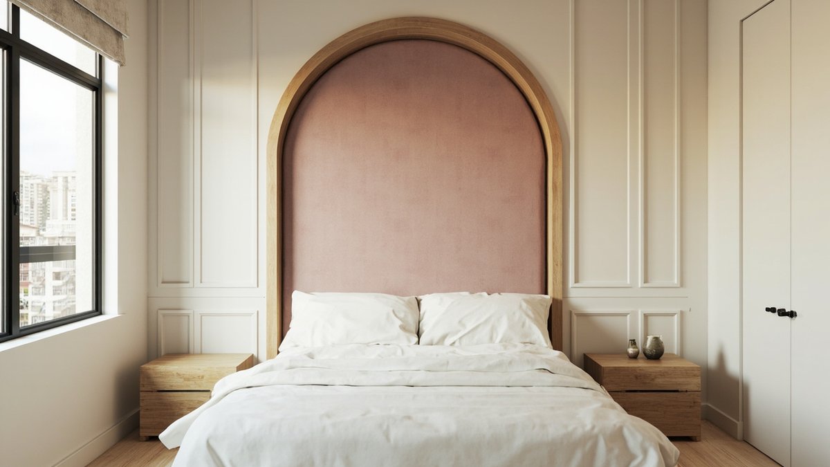 Illustrative concept design: tall arched dusty pink upholstered headboard framed in light timber against a cream panelled wall
