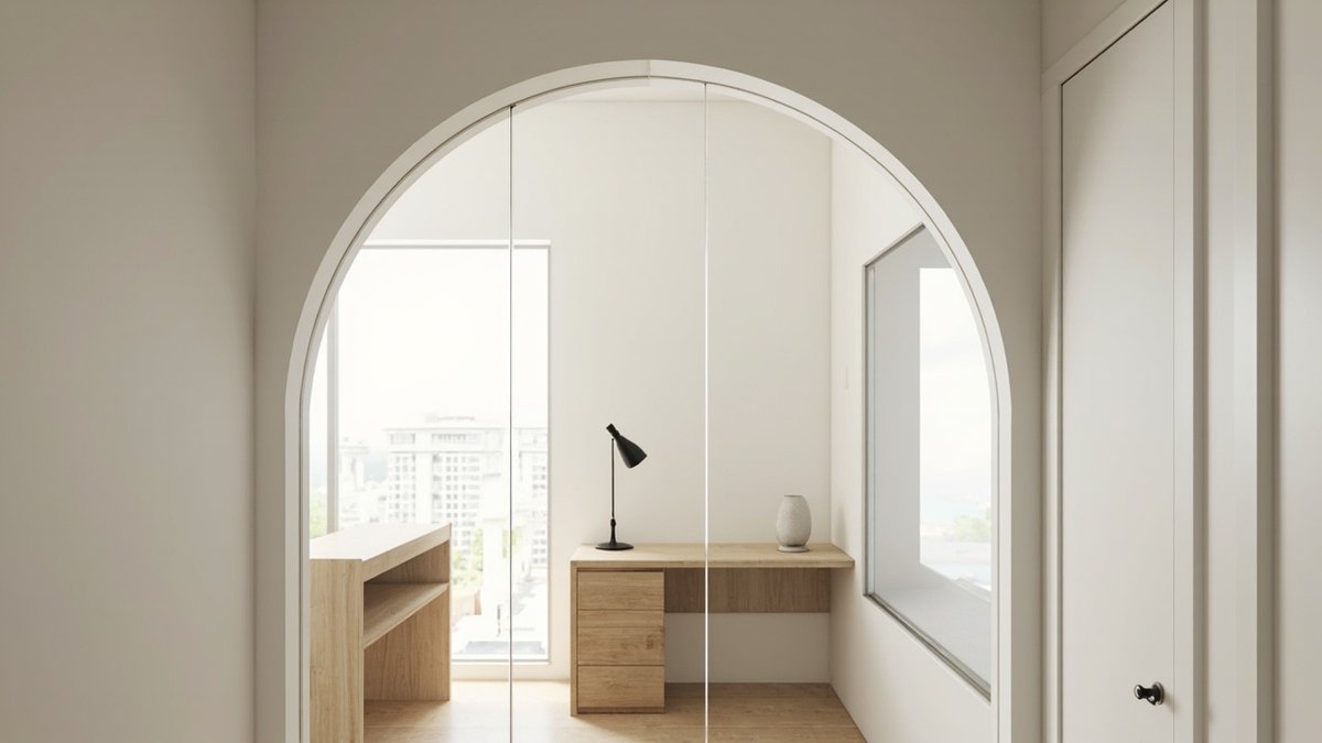 Illustrative concept design: round arched opening with fixed glass panels looking from a corridor into a small study