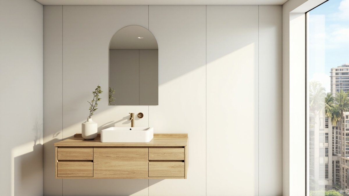 Illustrative concept design: frameless arched mirror above a floating light oak vanity with a white basin and brass tap