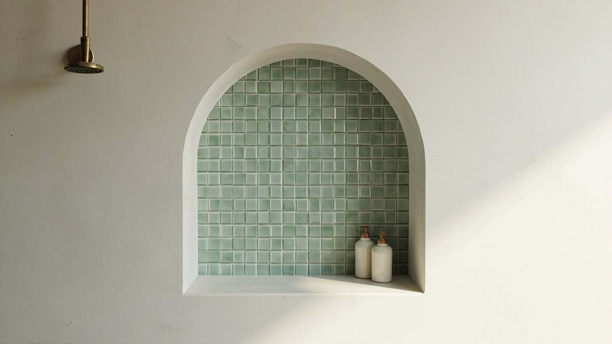 Illustrative concept design: arched shower niche lined with small sage green square tiles in an off-white wall