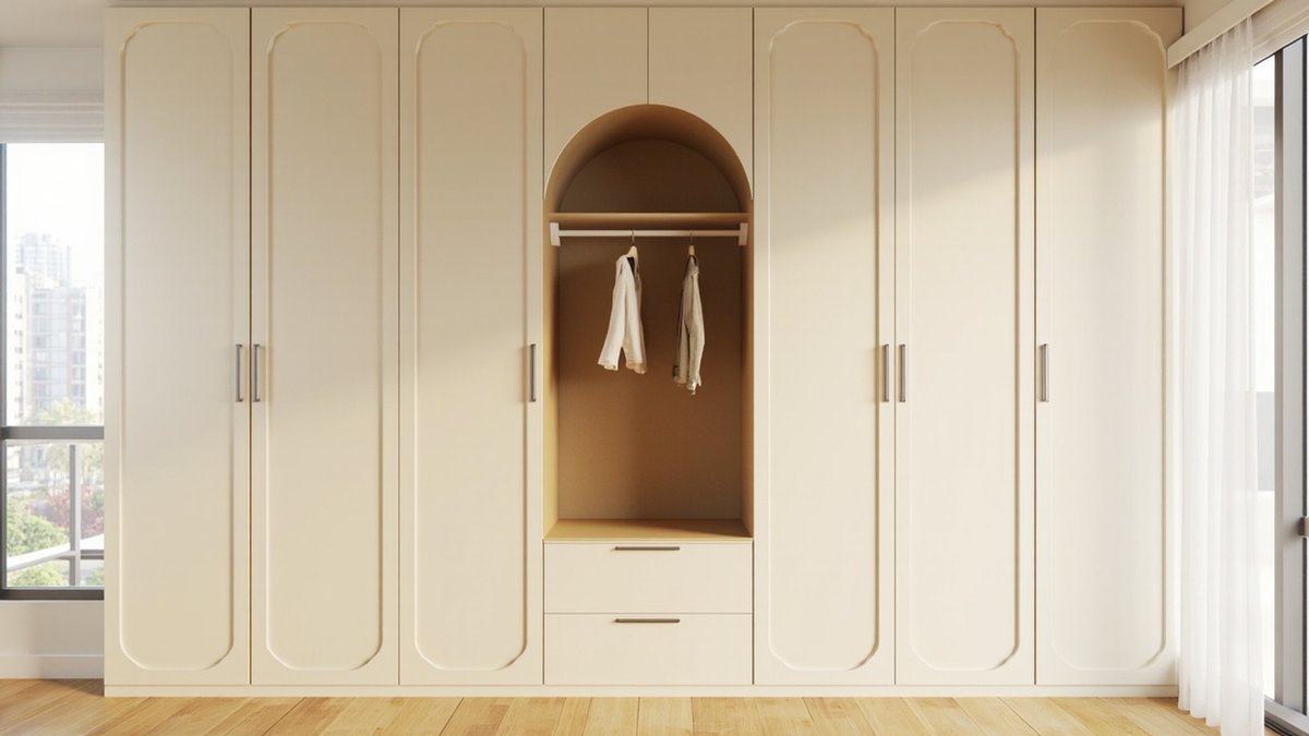 Illustrative concept design: full-wall cream wardrobe with an open arch-topped hanging bay and two drawers in the middle