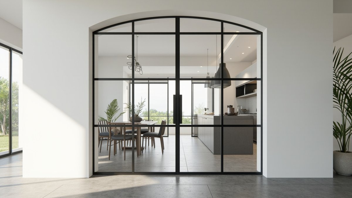 Illustrative concept design: pair of black slim-frame glass doors with a gridded arched top, looking through to a dining area and kitchen