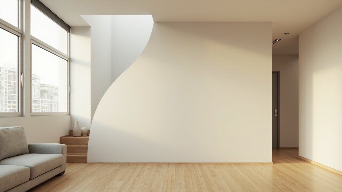 Illustrative concept design: tall white wall ending in a sweeping S-shaped curve beside a timber staircase