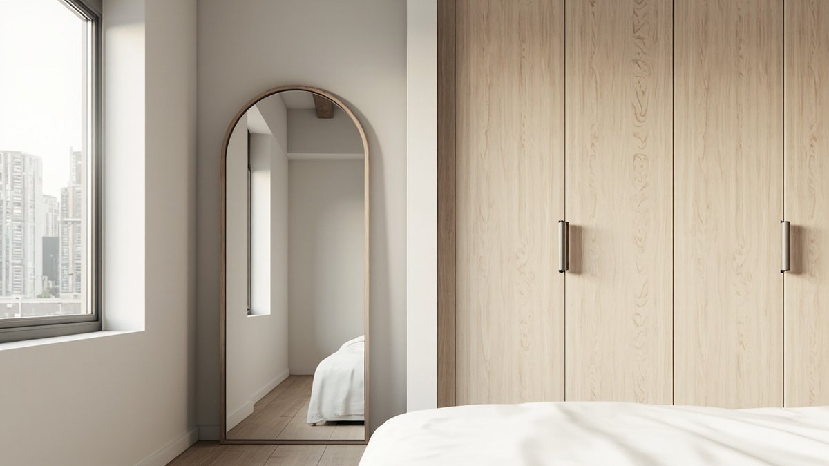 Illustrative concept design: full-length arched floor mirror in a slim oak frame leaning beside a light oak wardrobe