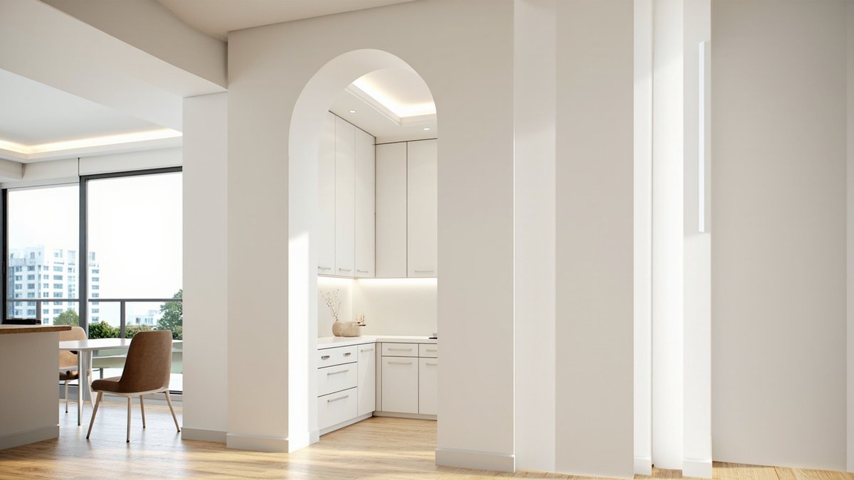 Illustrative concept design: tall round-topped arched opening in a white wall leading into a compact white kitchen