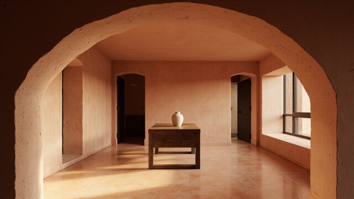 Illustrative concept design: thick rounded arch in terracotta lime-plastered walls framing a room with a rustic timber table