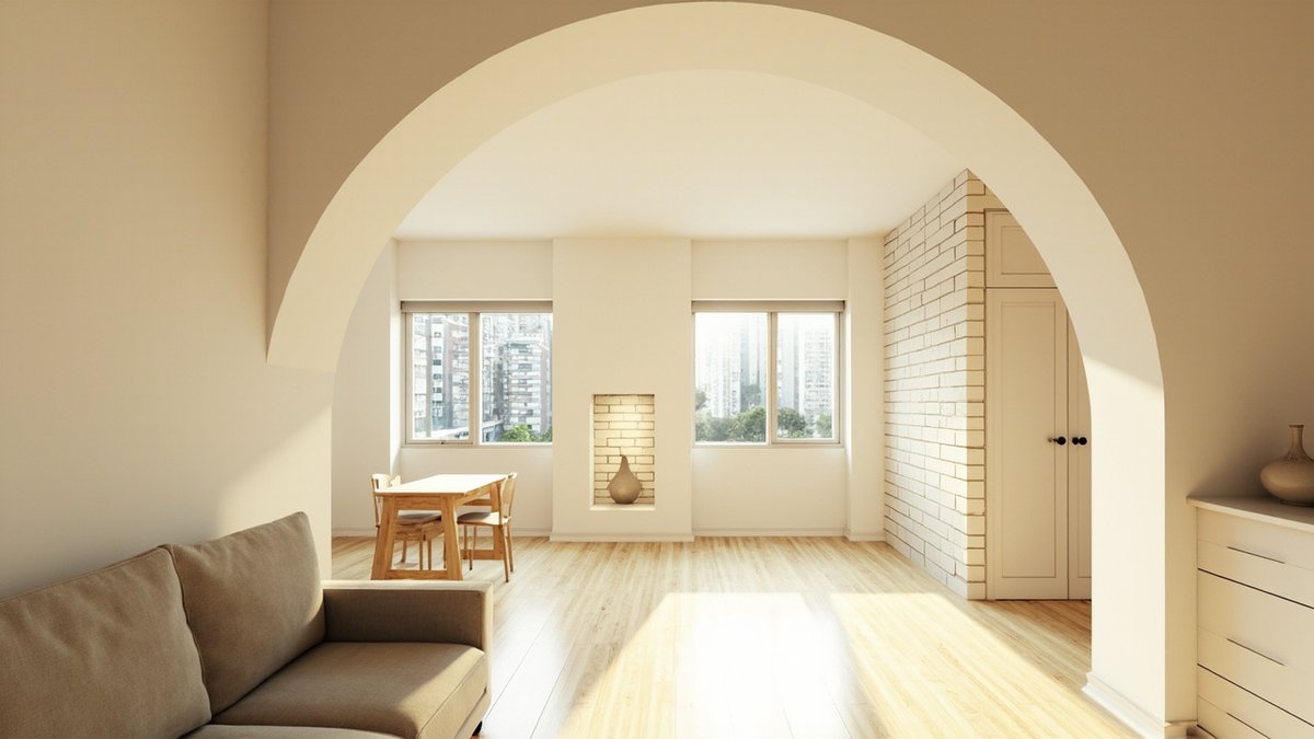 Illustrative concept design: large round arch in a cream wall framing a dining area with a timber table, brick-tiled niche and white wardrobe