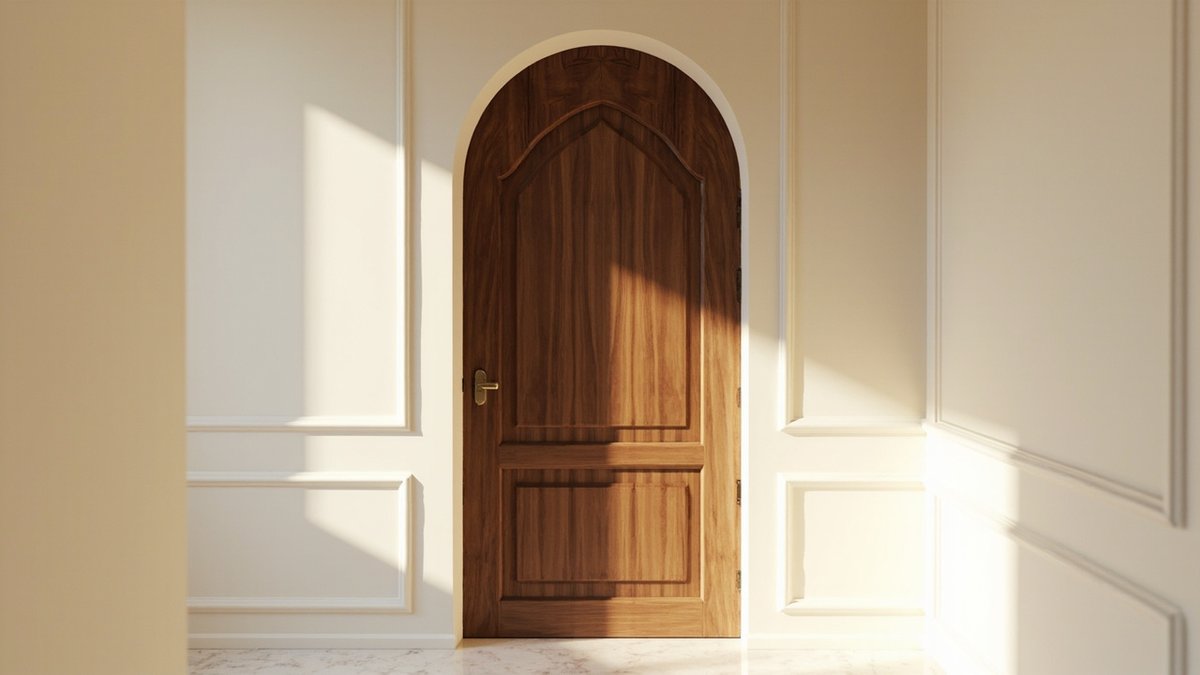 Illustrative concept design: walnut-tone timber door with a round arched top and raised panels in a cream wall with mouldings