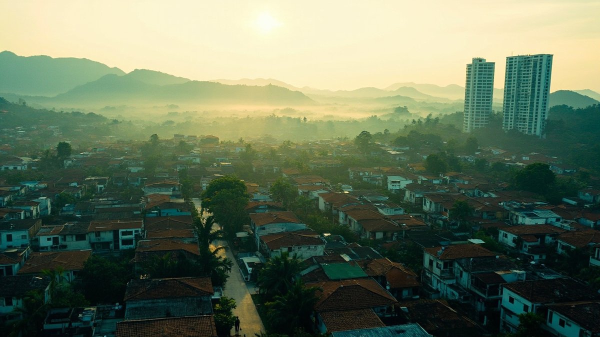 Aerial view of Klang Valley suburbs with terrace house rows and condominium towers