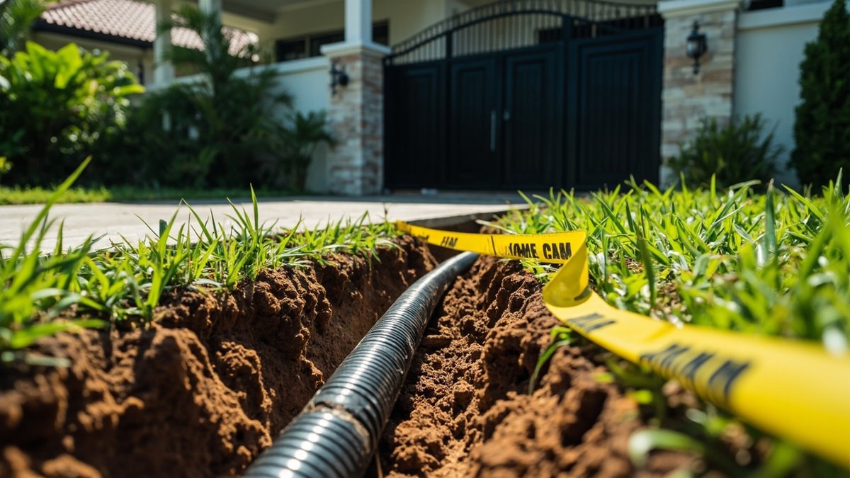 Black armoured power cable laid in a garden trench leading towards an autogate pillar