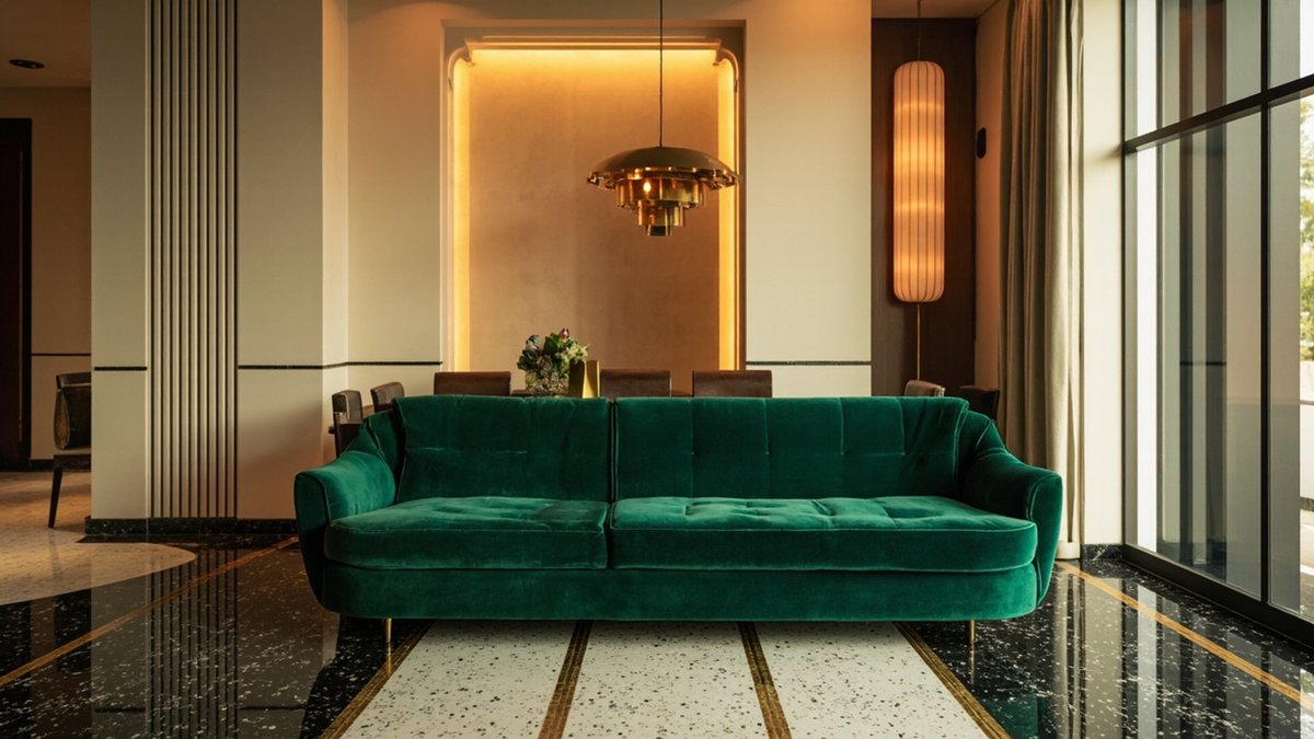 Ruang tamu kondo Art Deco moden dengan dinding fluted, sofa baldu hijau zamrud, lantai terrazzo dan lampu tembaga