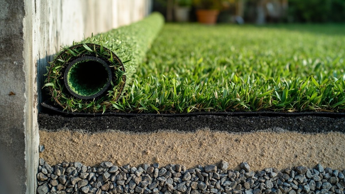 Artificial turf being laid over a compacted stone base and weed membrane in a garden