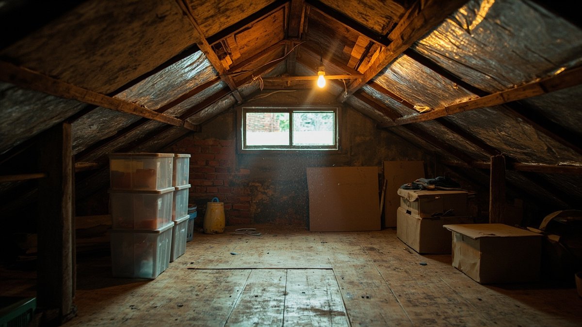 Unfinished attic storage space with exposed roof trusses