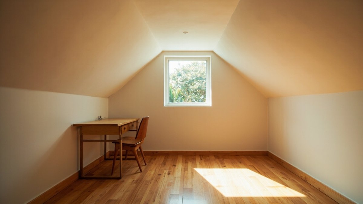 Converted attic study room with sloped ceiling