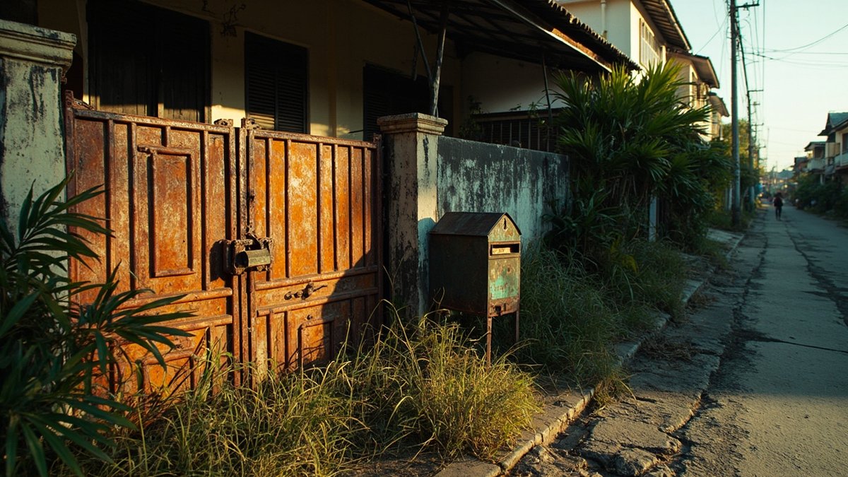 An overgrown terrace house behind a padlocked gate shows the risk of buying auction lelong property.