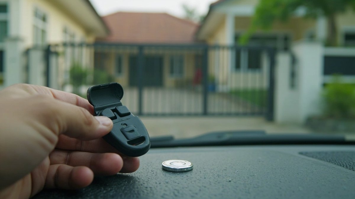 Remote pagar dengan penutup belakang terbuka dan bateri syiling, autogate kabur di belakang