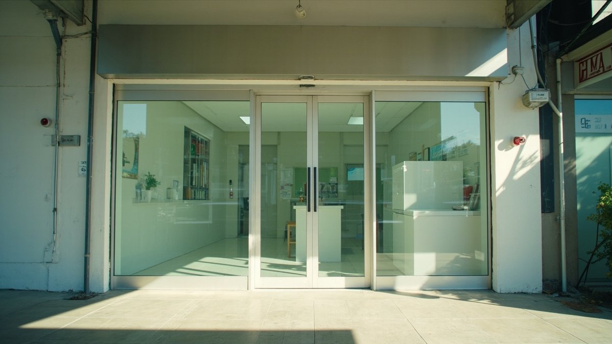 Bi-parting automatic glass sliding door half open at a shoplot clinic entrance