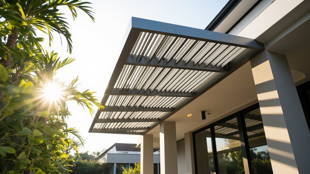 Aluminium louvre roof awning over a patio