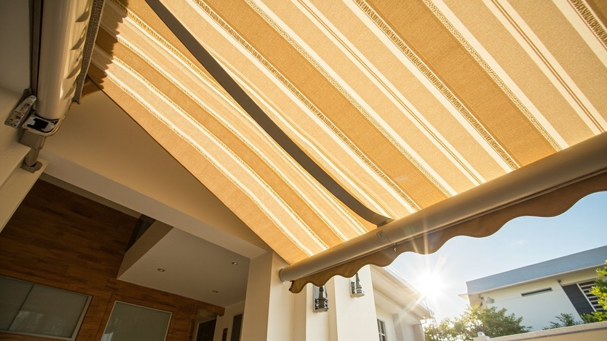 Retractable canvas fabric awning over a patio
